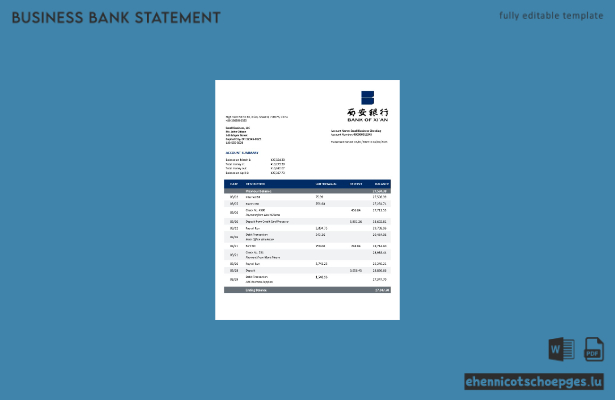 Beispielvorschau eines Kontoauszugs für Unternehmen der Bank von Xi'an (Word- und PDF-Format)